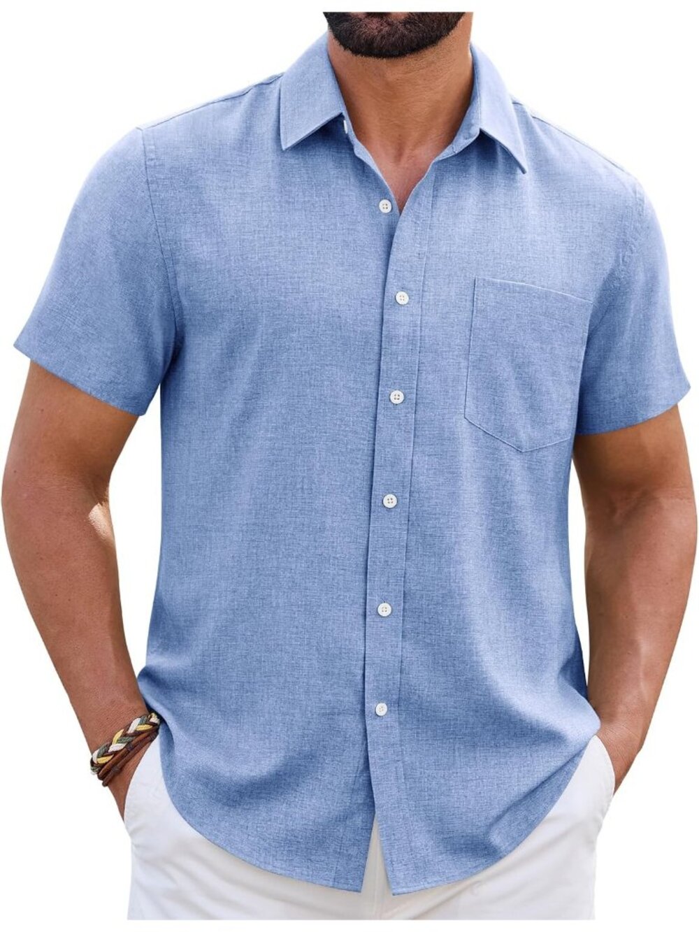 Men's Short Sleeve Linen Blue Wrinkle Free Casual Beach Button Down Shirt